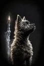 A rocket flies to the moon, a black cairn terrier inside, seen from far, moon