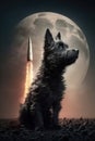 A rocket flies to the moon, a black cairn terrier inside, seen from far, moon