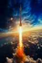 Rocket is flying through the air with bright light. Generative AI Royalty Free Stock Photo