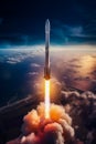 Rocket is flying through the air with clouds around it. Generative AI Royalty Free Stock Photo