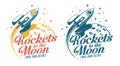 A rocket flying around the moon - vintage emblem poster print Royalty Free Stock Photo