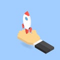 Rocket flying businessman with hands. Royalty Free Stock Photo