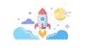 Rocket Flying Through Clouds, Space Travel and Exploration, vector design Generative AI Royalty Free Stock Photo