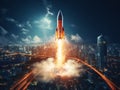 Rocket flying high in the sky over the city Royalty Free Stock Photo