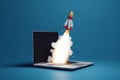 Rocket flying out of laptop screen on blue background. Startup concept. Generative AI Royalty Free Stock Photo