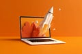 Rocket flying out of laptop screen on orange background. Startup concept Royalty Free Stock Photo