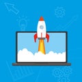 Rocket flying out of laptop screen,start up concept Royalty Free Stock Photo