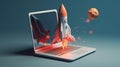 Rocket flying out of laptop screen. Startup concept. Generative AI Royalty Free Stock Photo