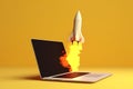 Rocket flying out of laptop screen on yellow background. Startup concept.Generative AI Royalty Free Stock Photo