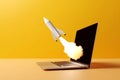 Rocket flying out of laptop screen on yellow background. Startup concept. Side view. Generative AI Royalty Free Stock Photo