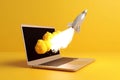 Rocket flying out of laptop screen on yellow background. Startup concept. Side view. Generative AI Royalty Free Stock Photo