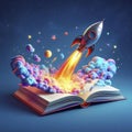 a rocket flying out of an open book. concept of pursuit of knowledge. ai generative