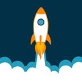 Rocket flying over cloud. Rocket launch icon. Vector illustration with flying shuttle. Space travel. Space rocket launch