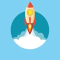 Rocket flying over clouds with bitcoin icon