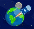 Rocket flying from planet earth into open space to stars. Flights to Mars, Moon and planets of solar system. Cartoon vector Royalty Free Stock Photo