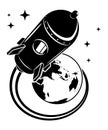 Rocket flying from planet earth into open space to stars. Flights to Mars, Moon and planets of solar system. Black and white Royalty Free Stock Photo