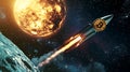 A rocket is flying through space with a Bitcoin symbol on the side Royalty Free Stock Photo