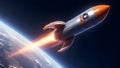 Rocket Flying Through Space with Earth Visible in the Background