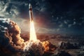 Rocket flying through space out of the earth Royalty Free Stock Photo