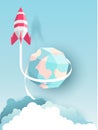 Rocket, globe, cloud, sky, paper art style with pastel color Royalty Free Stock Photo