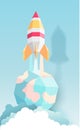 Rocket, globe, cloud, sky, paper art style with pastel color Royalty Free Stock Photo