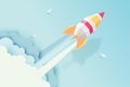 Rocket, globe, cloud, sky, paper art style with pastel color Royalty Free Stock Photo
