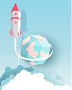 Rocket, globe, cloud, sky, paper art style with pastel color Royalty Free Stock Photo