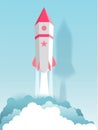 Rocket, globe, cloud, sky, paper art style with pastel color