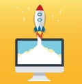 The rocket icon and computer yellow background, startup business concept illustration