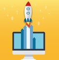 The rocket icon and computer yellow background, startup business concept illustration