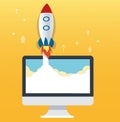 The rocket icon and computer yellow background, startup business concept illustration