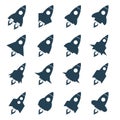 Rocket icon set. Space craft silhouette, black vehicle, future project and startup, Royalty Free Stock Photo