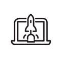 Rocket icon taking off from laptop. Vector. Metaphor and allegory of new projects in business. Outline style. Illustration for web