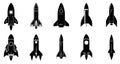 Rocket icons set. Black spaceship icon isolated. Rocket launching signs