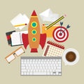 Rocket and kayboard Business startup work space Royalty Free Stock Photo