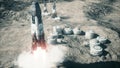 The rocket lands on the moon near the lunar space colony. The space rocket spews fire exhaust and smoke. The image is