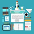 Rocket and Laptop Business startup work space Royalty Free Stock Photo