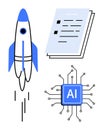 Rocket Launch, AI Technology, and Documents Representing Innovation and Automation Concepts Royalty Free Stock Photo
