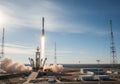 Rocket launch at Baikonur Cosmodrome, Kazakhstan. The image Royalty Free Stock Photo