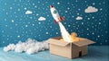 Rocket Launch from Box Cardboard, Stars, Clouds, New Beginnings Royalty Free Stock Photo