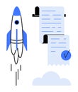 Rocket Launch with Checklist and Cloud Symbolizing Startup Success and Organization