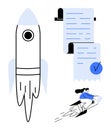 Rocket Launch with Checklist and Person Riding Rocket Symbolizing Achievement