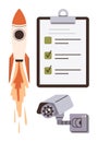 Rocket launch, checklist, and surveillance camera suggesting monitoring, innovation, and task completion Royalty Free Stock Photo