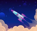 Rocket launch among clouds and sky. Cartoon spaceship flight in cosmos. Galaxy traveling. Startup project