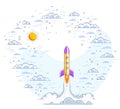 Rocket launch into cloudy beautiful sky. Explore universe space, breathtaking space science, science fiction. Thin line 3d vector