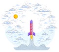 Rocket launch into cloudy beautiful sky. Explore universe space, breathtaking space science, science fiction. Thin line 3d vector