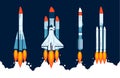 Rocket launch collection. Space craft and spaceship engine start and ignition, rocket flight with fire and smoke. Vector