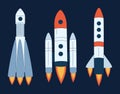 Rocket launch collection. Space craft and spaceship engine start and ignition, rocket flight with Royalty Free Stock Photo