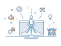 Rocket launch on a computer screen with business icons banner. Vector illustration concept for successful startup launch