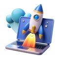 Rocket launch concept from laptop screen representing fast startup or internet speed Royalty Free Stock Photo